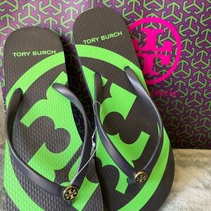 Tory Burch Navy and Green Flip Flops